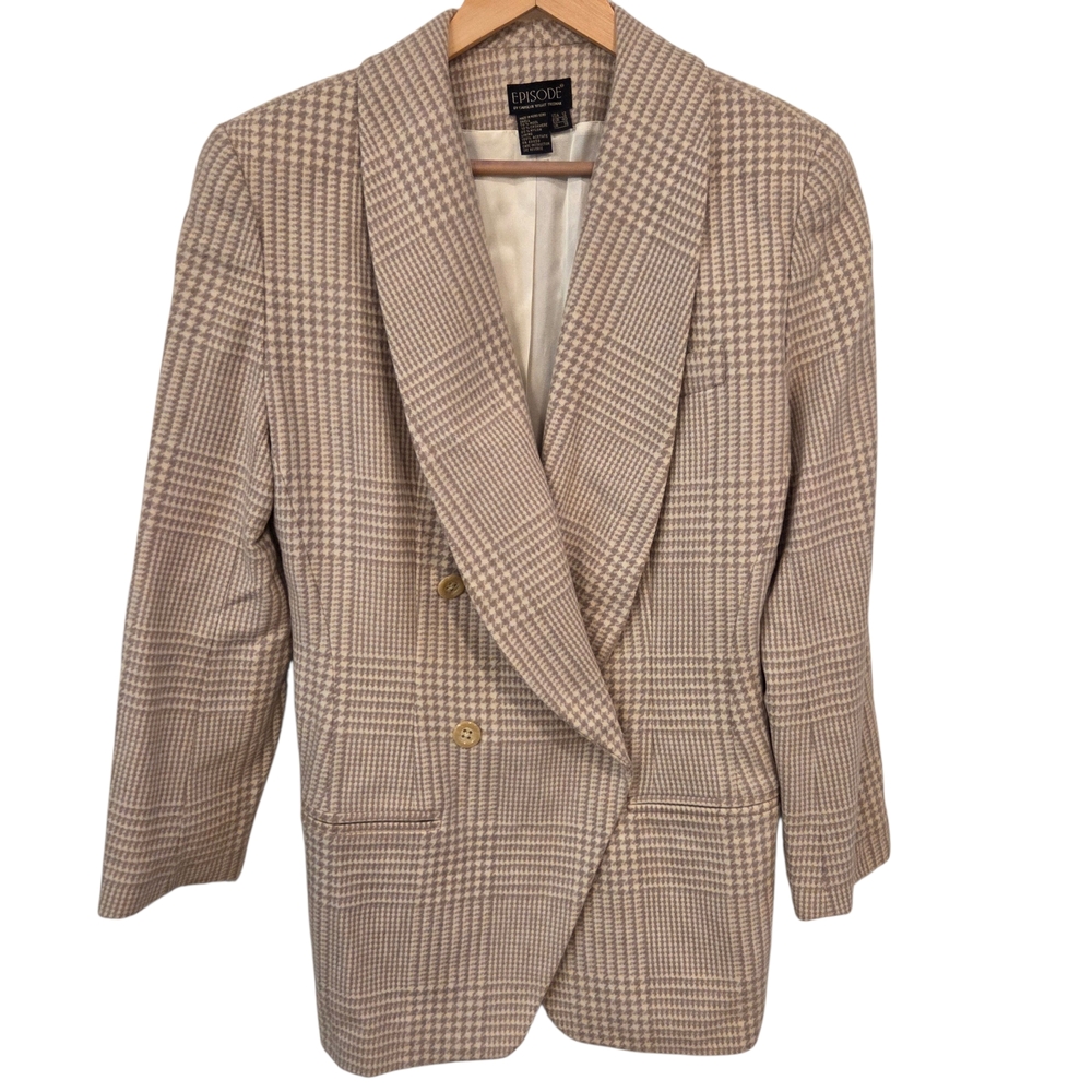 Vintage Wool Cashmere Houndstooth Blazer Tan Ivory Luxury Elevated Old Money 12
